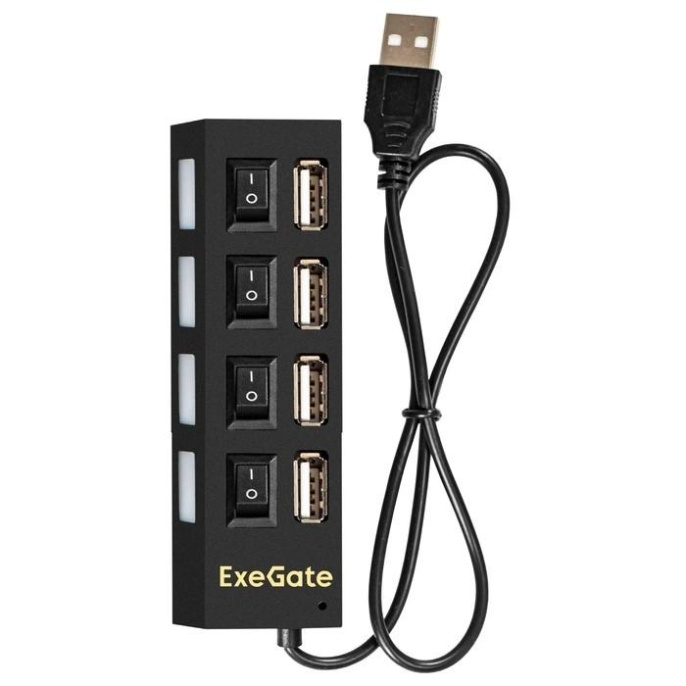 USB-Хаб концентратор 4-в-1 ExeGate DUB-42SW кабель-адаптер USB2.0 -- 4xUSB2.0, кнопки включения/отключения для каждого порта, Plug&Play, черный EX293977RUS