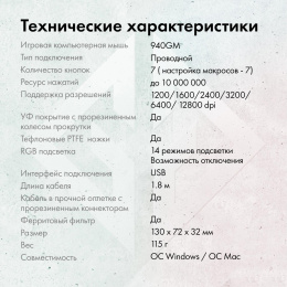 Мышь проводная GMNG 940GM, игровая, оптическая, USB, 12800dpi, черный