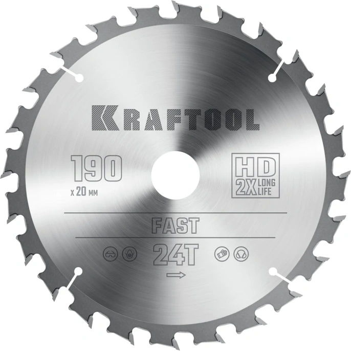 Диск пильный по дереву KRAFTOOL Fast 190x20 мм, 24Т 36950-190-20