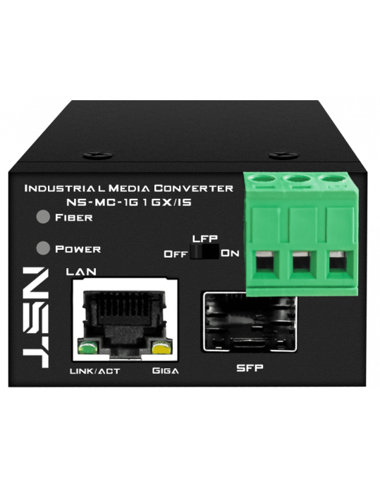 Промышленный компактный медиаконвертер NST NS-MC-1G1GX/IS Gigabit Ethernet, SFP 1000Мбит/c, RJ45 10/100/1000Мбит/c, поддержка LFP; Встроенная грозозащита 6kV. Питание: 1 x вход DC12-57V 6W , БП в комплект НЕ входит