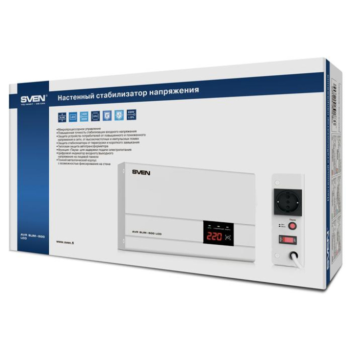 SVEN Стабилизатор AVR SLIM-500 LCD 400Вт,Входное 140-260В, 1*CEE7/4 розетка, настенное крепление . SV-012809