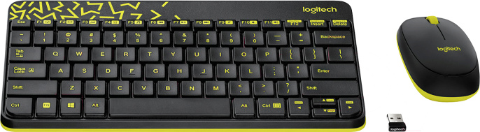 Комплект (клавиатура+мышь) Logitech MK240, USB, беспроводной, с гравировкой, черный и жёлтый [920-008198]