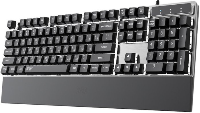 Клавиатура HAFF Gravix (KBD-GK150) (мембранная, проводная: USB, алюминиевая панель, подставка под запястье, RGB- подсветка, 1.6 м плетеный кабель, цвет: серебристый)