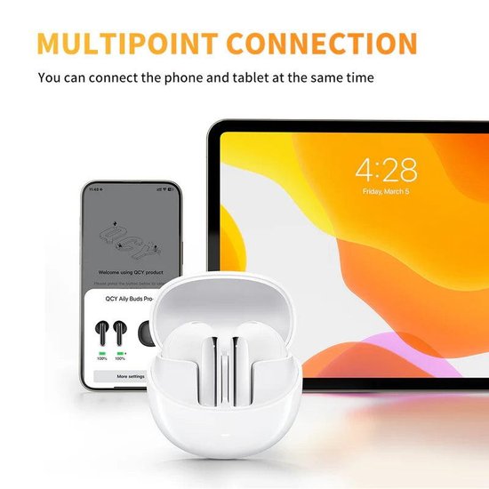 Наушники QCY AilyBuds Pro+ Белый BH23HT10A беспроводные, активное шумоподавление, диаметр динамика: 13 мм, время прослушивания музыки: 5.5 ч, время зарядки: 2 ч, емкость аккумулятора: 350