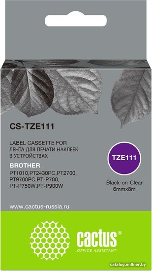 Картридж ленточный Cactus CS-TZE111 TZe-111 черный на прозрачном 6x8 для Brother 1010/1280/1280VP/2700VP без чипа