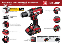 Дрель-шуруповерт Зубр ДШЛ-145-21, 2Ач,  с одним аккумулятором