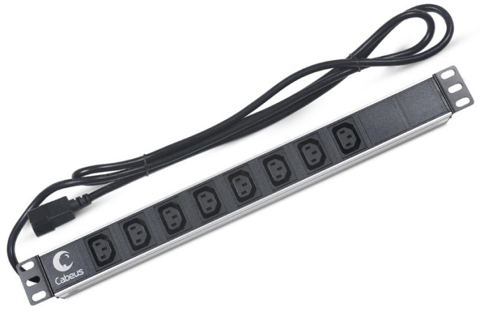 Cabeus PDU-8I-2IEC Блок распределения питания для 19" шкафов, горизонтальный, 8 розеток IEC 320 C13, 10 A, без выключателя, алюминиевый корпус, шнур 2 м, вилка IEC 320 C14