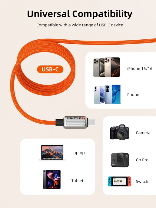 Магнитный кабель USB-C CABLETIME CU06L (CT-CM240-MZO2) 2 м, 480 Мбит/с, 5А/48В 240Вт, оранжевый, для быстрого заряда смартфонов и ноутбуков