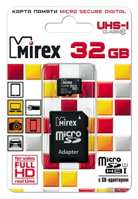Карта памяти Mirex microSDHC UHS-I (Class 10) 32GB  13613-ADSUHS32 32 ГБ, класс 10, чтение: 104 МБ/с, запись: 45 МБ/с, адаптер