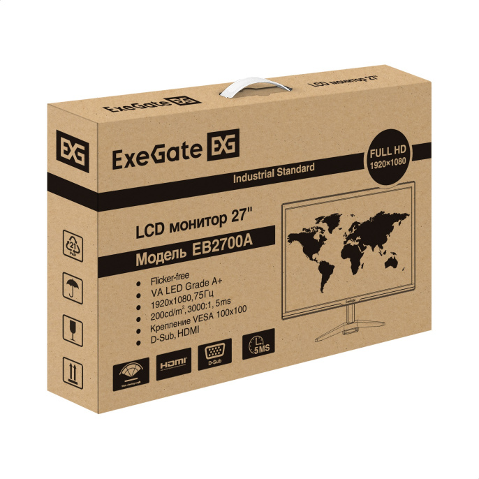 Монитор 27" ExeGate EB2700A EX297312RUS (VA LED Grade A+, FHD, 1920x1080@75Гц, 16:9, 200cd/m2, 3000:1, 178°/178°, 5ms, D-Sub, HDMI, Flicker-free, кабель HDMI 1.5м, VESA, регулировка наклона (tilt), черный)
