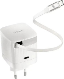 Сетевое зарядное устройство TTEC 2SCG05B SmartCharger Duo GAN 65W PD Travel Fast Charger USB-C со встроенным кабелем PD 65W USB-C. Длина кабеля: 70см. Цвет: белый