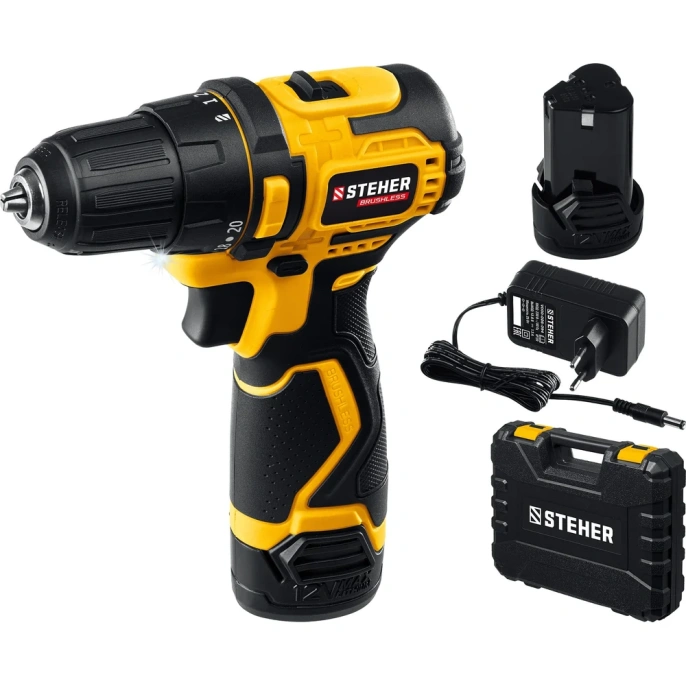 Бесщеточная дрель-шуруповерт STEHER 12 В, 35 Нм, 2 АКБ х 2 Ач, кейс CDB-120-2