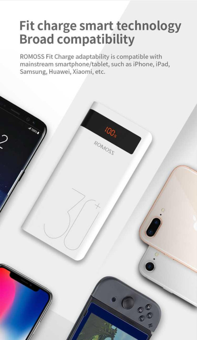 Мобильный аккумулятор Romoss Sense 8P+ 30000mAh QC3.0 18W 3A 2xUSB-A/USB-C белый 6958377507070