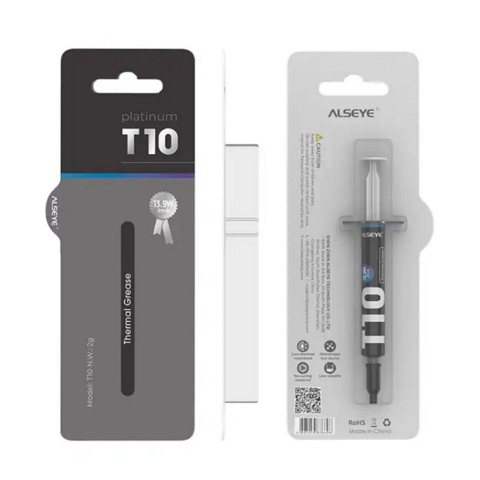 Термопаста ALSEYE T10 Thermal conductivity: 13.9W/m-k Color: Gray Conductivity: non-conductive specific gravity: 2.7g / cm³@25℃ Capacity: 1.2ml Weight: 2G AS.19.0113