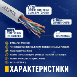 NEOMAX NM13011-0025 Шнур коммут. UTP 0.25 м, cat.5е, 24AWG, серый, LSZH, многожильный