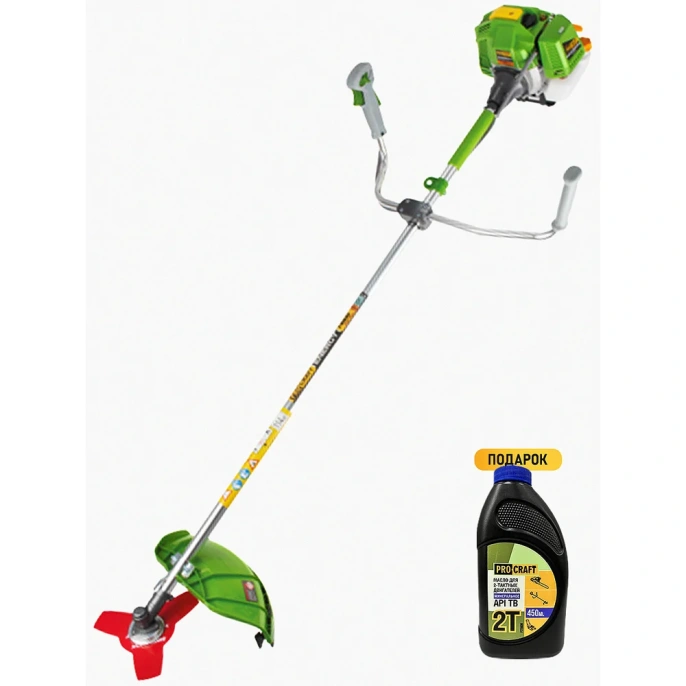 Коса бензиновая двухтактная PROCRAFT 42,7 см3, 1.63 л.с. леска+2 диска+нож, неразборный вал Т4500