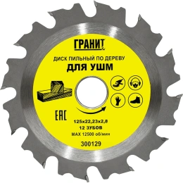 Диск пильный твердосплавный по дереву (125x22.23 мм; 12Z; 2.8 мм) для УШМ Гранит 300129
