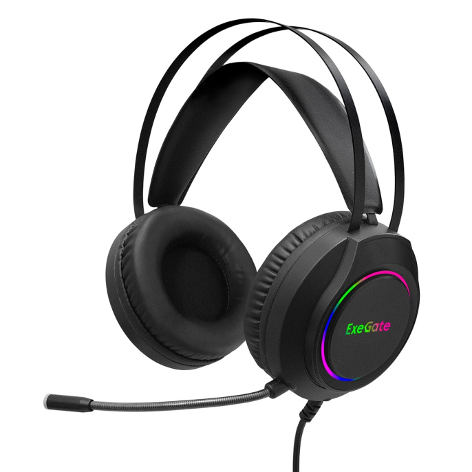 Гарнитура ExeGate Cosmos HS-702GL EX289746RUS регулировка оголовья, гибкий дежатель микрофона, объемный звук 7.1, длина кабеля 2.5м, динамик 50мм, 20-20000Гц, RGB подсветка, USB интерфейс