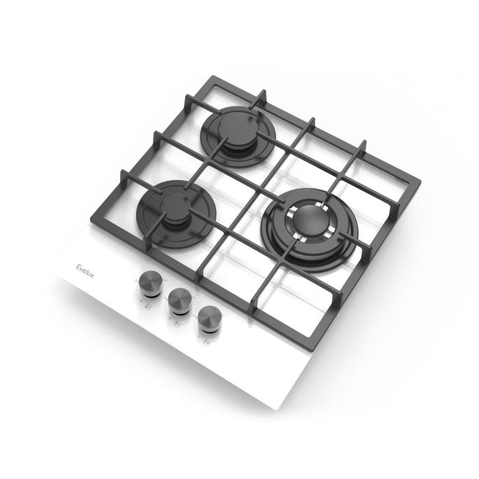 Газовая варочная панель EVELUX, Hi-Tech, 45 см, 3 конфорки, WOK-конфорка, чугунные решетки, газ-контроль, электроподжиг, механическое управление, цвет белый