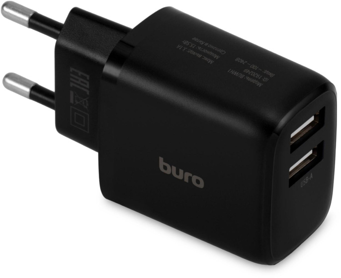 Сетевое зарядное устройство Buro BUWH1,  2xUSB-A,  15.5Вт, 3.1A, черный [buwh15s200bk]