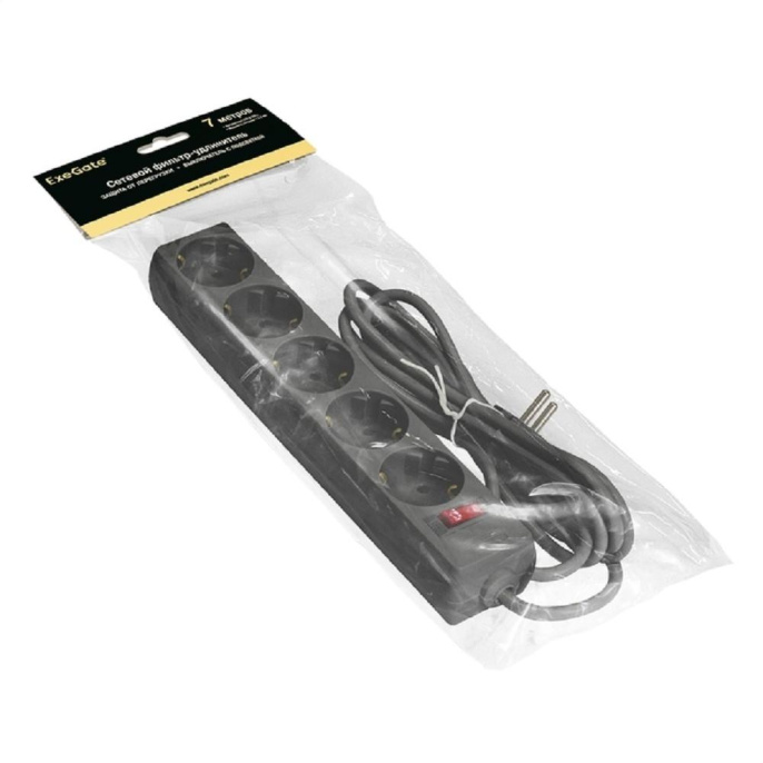 Сетевой фильтр ExeGate SP-5-7B 5 евророзетки с заземлением, 7м, защита от перегрузки, выключатель с подсветкой, черный EX279179RUS