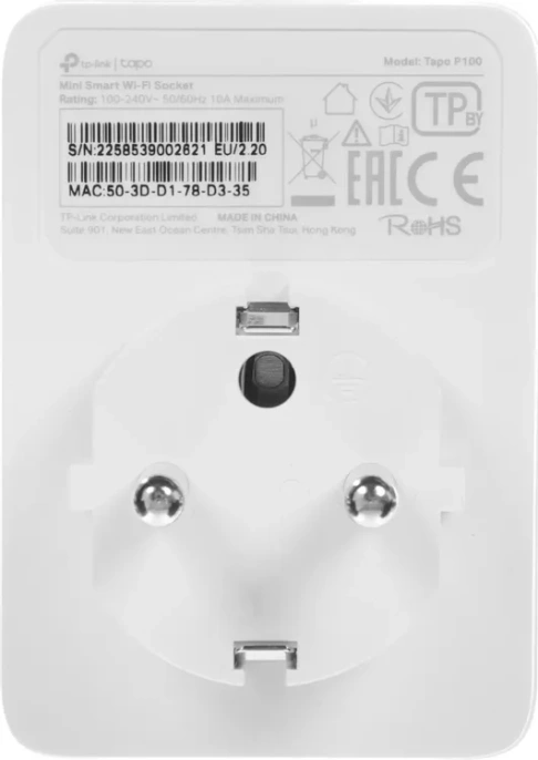 TP-Link Tapo P100(1-pack) Умная мини Wi-Fi розетка, 2.4 GHz, Max Load 2300 Вт, 10 А