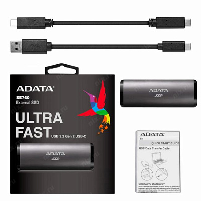 Твердотельный накопитель A-DATA External SSD SE760, 256GB, Type-C, USB 3.2 Gen2, R/W 1000/800 MB/s, 122x44x14mm, Titan-Gray (3 года)
