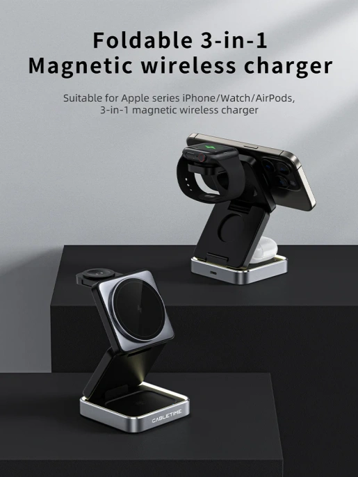 Беспроводное зарядное устройство CABLETIME CE12B (CT-WPG01-PG) 3-в-1, Qi-зарядка, 15 Вт, автодержатель, быстрая зарядка