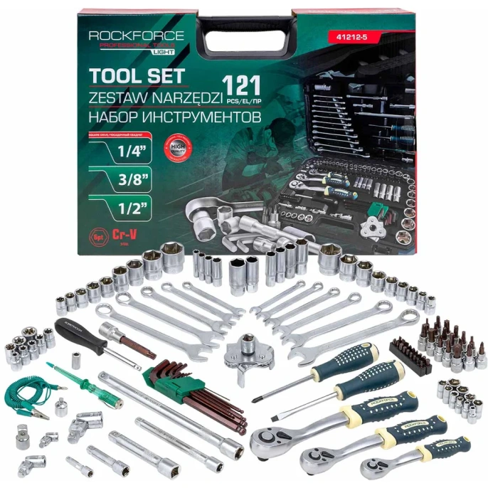 Набор инструментов Rockforce 121 предмет 1/4, 1/2,3/8 ( 6гр.) RF LIGHT-41212-5(61548)