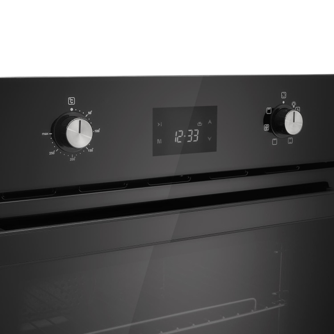 Электрический духовой шкаф Evelux Электрический духовой шкаф, 60 см, объем 65 л, механическое + сенсорное управление, LED дисплей, таймер, конвекция, 7 режимов, гриль, защита при перегреве, защита от детей, 2 стекла в дверце, цвет черный