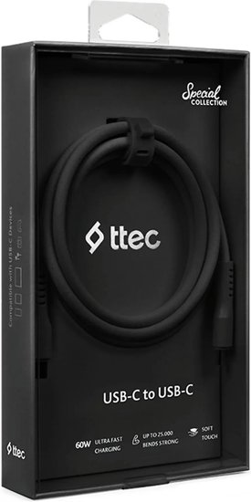 Кабель ttec 2DK59S USB Type-C - USB Type-C (1.2м, черный) USB 2.0 Type-C, черный, длина 1.2 м