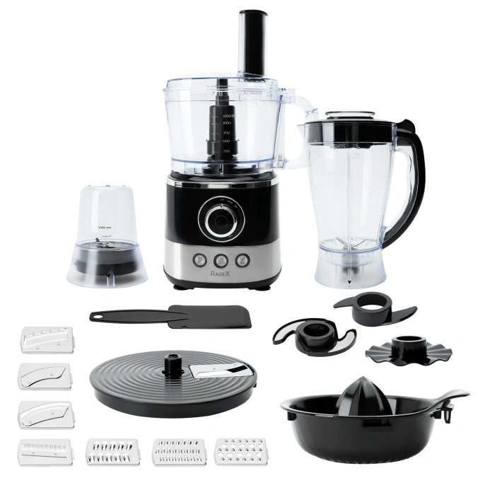 Кухонный комбайн RAGEX R107-015 13 в 1, 1.2 литра, 1000 Вт, черный с серебристым
