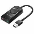 Аудио переходник UGREEN CM129-40964 USB to AUX 3.5mm, Mic & Ear, выход 1 - зеленый порт 3,5 мм для наушников, выход 2 - красный порт 3,5 мм для микрофона, выход 3 - комбинированный разъём для гарнитуры, функция отключения наушников и микрофона и регулято