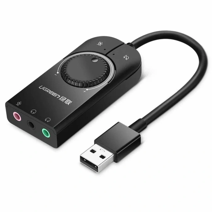 Аудио переходник UGREEN CM129-40964 USB to AUX 3.5mm, Mic & Ear, выход 1 - зеленый порт 3,5 мм для наушников, выход 2 - красный порт 3,5 мм для микрофона, выход 3 - комбинированный разъём для гарнитуры, функция отключения наушников и микрофона и регулято