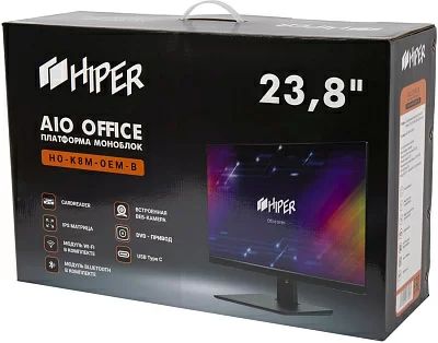 платформа моноблока Hiper. AIO HIPER Office HO-K8M-OEM-B, 23,8''display IPS (1920x1080), no M/B , no CPU, no RAM, no HDD, w/ODD, 2*HDMI, 1*USB3.0, 1*USB3.0 type C, webcam 5.0М + Mic, CardReader,  WiFi+BT, 300W ext. PSU 1U, Black