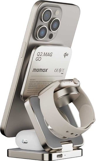 Беспроводное зарядное устройство Momax Q2.Mag Go Титановый UD31L магнитный, Qi2, 15W, 5-12 В, 3 А, материал: алюминий