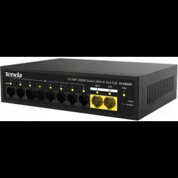 TENDA S110GPC Коммутатор неуправляемый PoE, 10 портов, 8x100 Мбит/с, 2х1 Гбит/с, PoE 8х30 Вт до 80 Вт , настольный, металлический