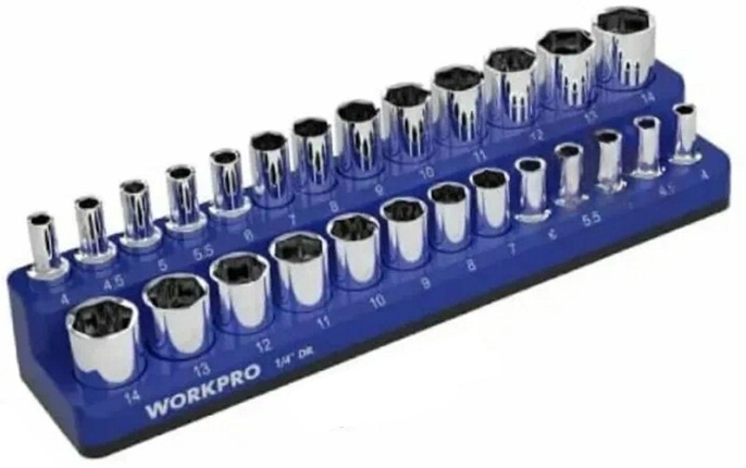 Органайзер держатель для торцевых головок 1/2" WorkPro WP433062 для стандартных и удлиненных головок диаметром 12.5мм 1/2" : 10, 11, 12, 13, 14, 15, 16, 17, 18, 19, 20, 21, 22, 23, 24, 25, 26, 27 мм с адаптером, головки не входят в комплект