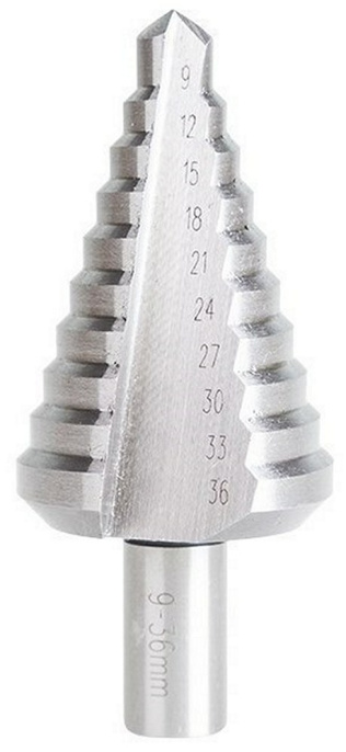 Сверло P.I.T. AMED08-0936 по металлу ступенчатое, Ø9-36мм, 10 ступеней с шагом 3мм, HSS