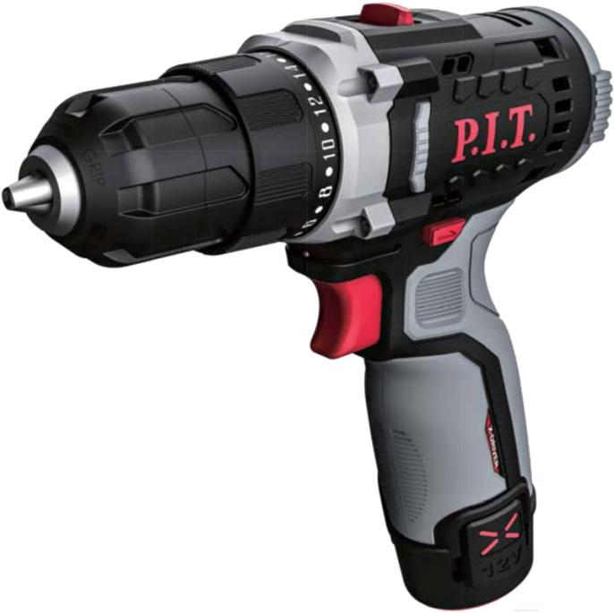 Дрель P.I.T PBM12K-10A/2 (безударная, питание: аккумулятор, Li-ion, 1450 об/мин, 25 Н·м, напряжение аккумулятора: 12 В, ёмкость аккумулятора: 1.5 А·ч, 20 степеней затяжки, патрон: быстрозажимной, регулировка вращения: механическая, аккумулятор в комплекте