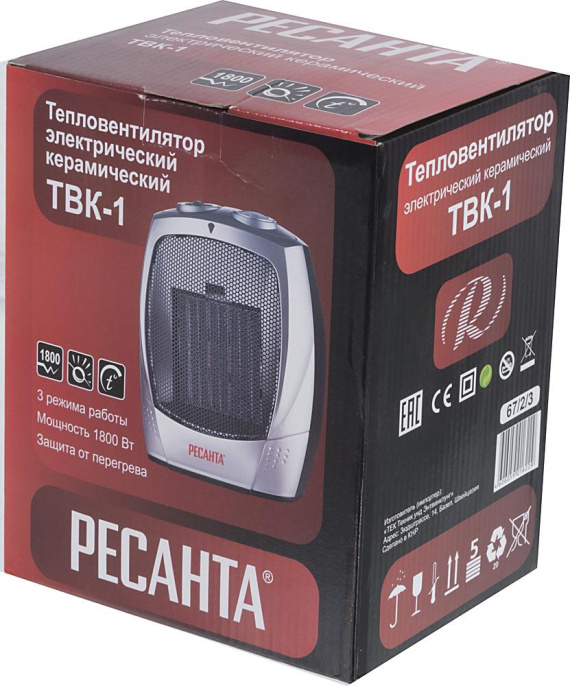Тепловентилятор керамический Ресанта ТВК-1,  1800Вт,  с термостатом, 2 режима, серебристый,  черный [67/2/3]