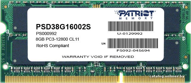 Память DDR3 8GB 1600MHz Patriot PSD38G16002S RTL PC3-12800 CL11 SO-DIMM 204-pin 1.5В dual rank Ret