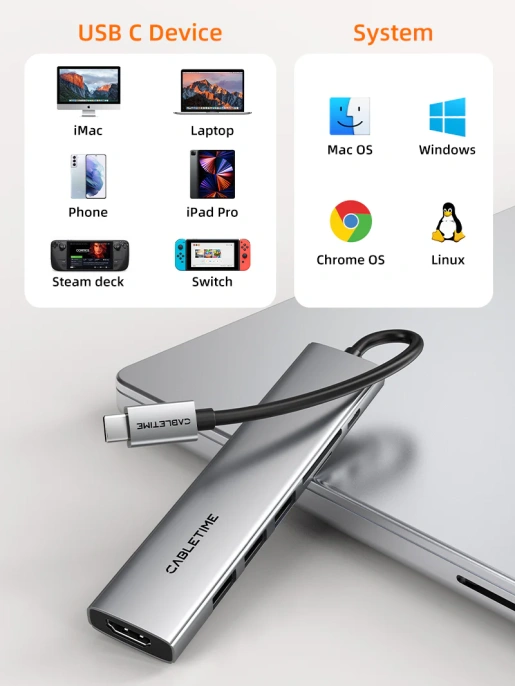 USB концентратор CABLETIME HB02G (CT-HBP2-AG7) ECO 7-в-1, 4K@30Hz, 5Gbps, USB-C HUB - Gray