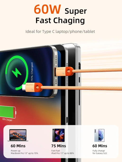 Кабель USB CABLETIME CUP5E (CT-CM60-POR0.5) апельсин, 0,5 м, 60 Вт