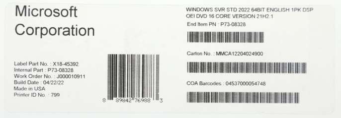 Операционная система Microsoft Windows Server Std 2022 64Bit Eng 1pk DSP OEI DVD 16 Core (P73-08328)