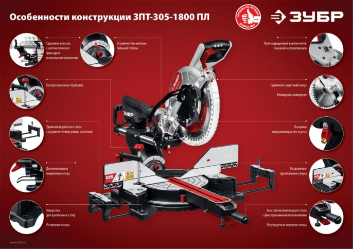 Торцовочная пила Зубр ЗПТ-305-1800 ПЛ, 1800Вт, 305мм