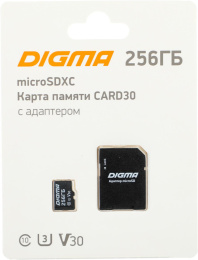 Карта памяти microSDXC UHS-I U3 Digma 256 ГБ, 90 МБ/с, Class 10, CARD30,  1 шт., переходник SD [dgfca256a03]