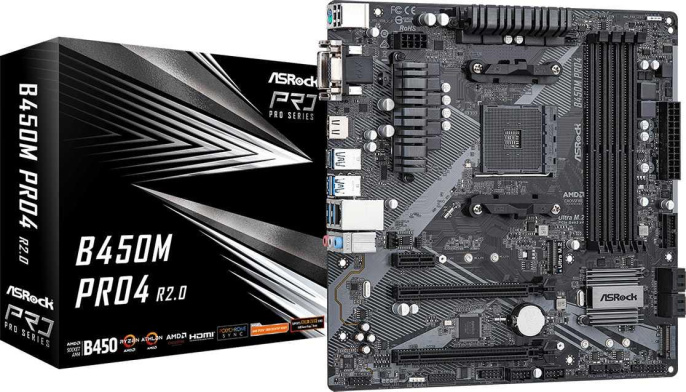 Материнская плата Asrock B450M PRO4 R2.0 Soc-AM4 AMD B450 4xDDR4 mATX AC`97 8ch 7.1 GbLAN RAID+VGA+DVI+HDMI