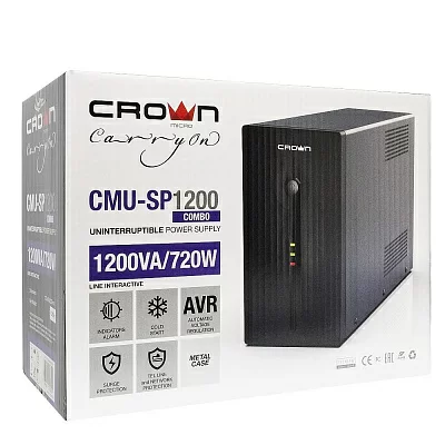 CROWN ИБП CMU-SP1200 COMBO {1200VA металл, 2x12V/9AH, розетки 2*IEC + 2*EURO} (CM000001509)