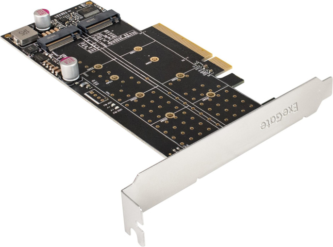 Переходник ExeGate EXE-597E2 2 x M.2 M key - PCI-E x8 v3.0, для установки двух SSD M.2 2230/2242/2260/2280/22110 M key NGFF в слот PCI-E, материнская плата должна быть c функцией Bifurcation PCI-E EX298298RUS
